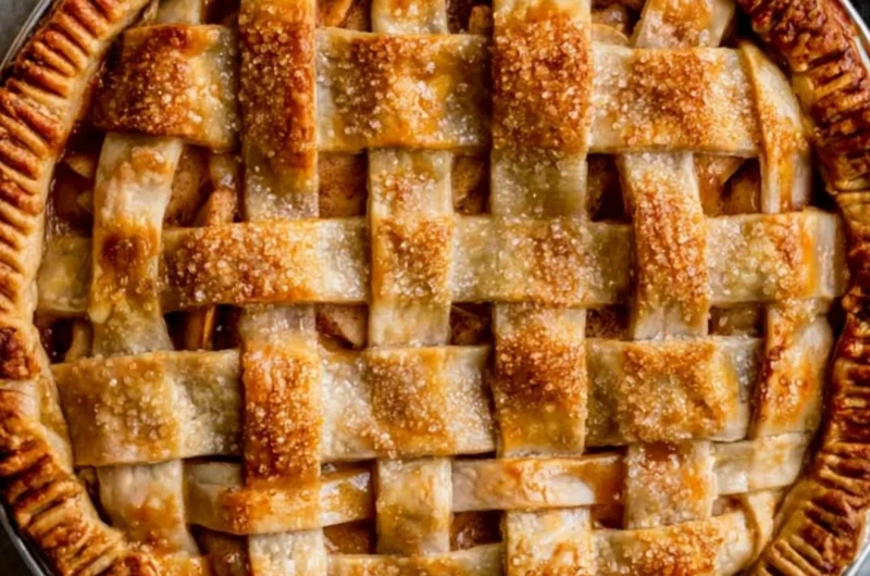 Delicious caramel apple pie topped with a caramel drizzle and apples.