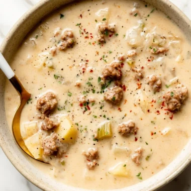 Bowl of creamy sausage soup garnished with herbs, perfect for weeknight comfort.