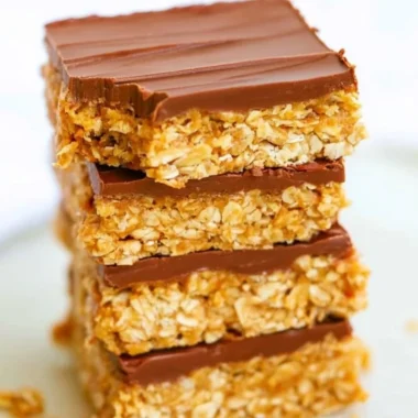Healthy chocolate peanut butter oatmeal bars in a wooden bowl
